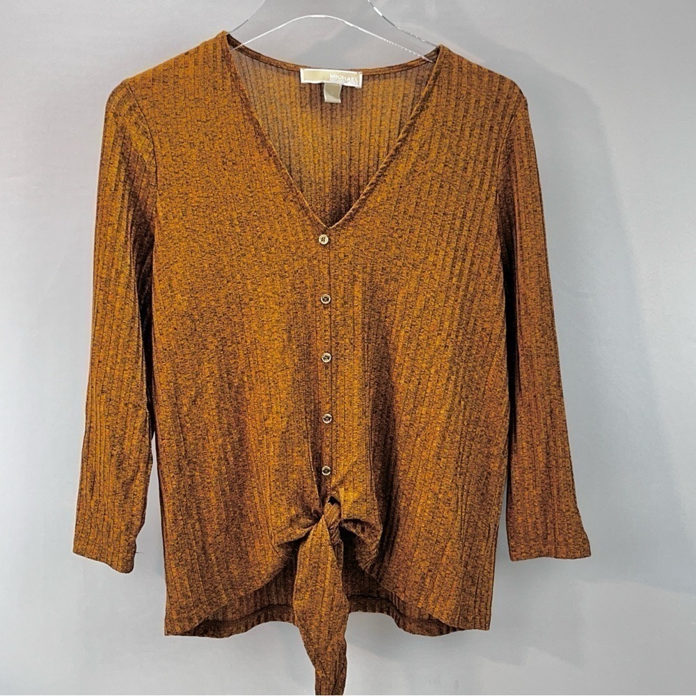 Michael Michael Kors Burnt Orange Melange Tie Front 3/4 Sleeve Top M